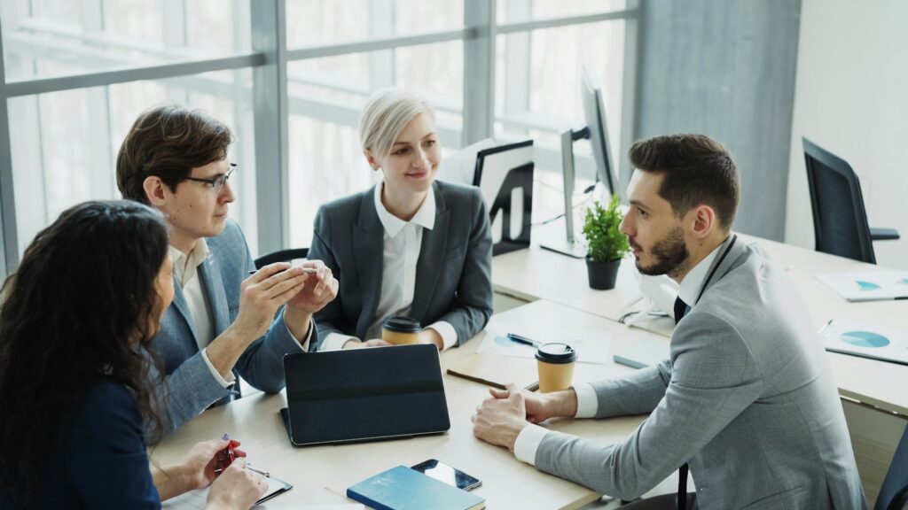 Business team discussing results in a modern office