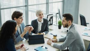 Business team discussing results in a modern office